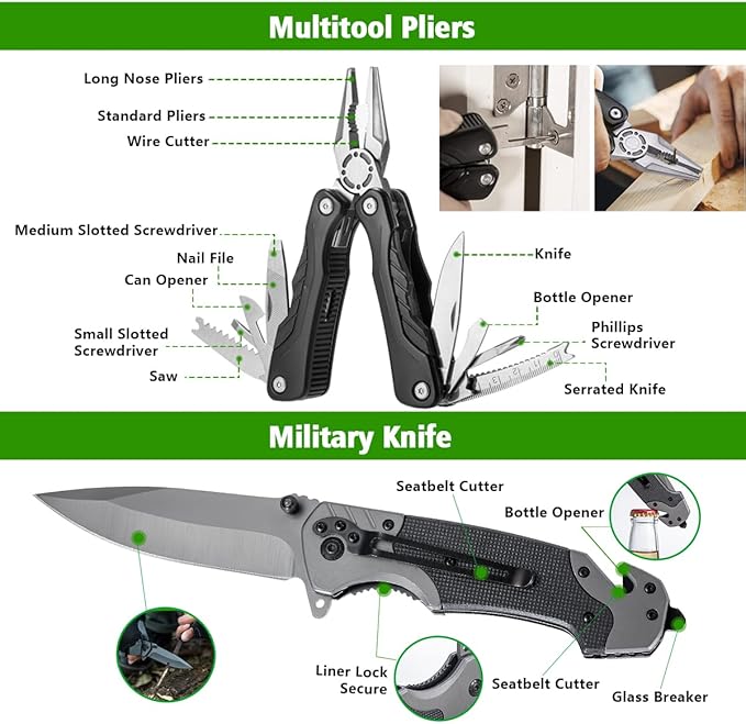 ZENHOSIT Multifunctional Folding Tactical Shovel Hatchet Combo - With Axe, Flashlight, Extension Handles - For Camping, Cycling, Hiking - 19.3-40.9 Inches