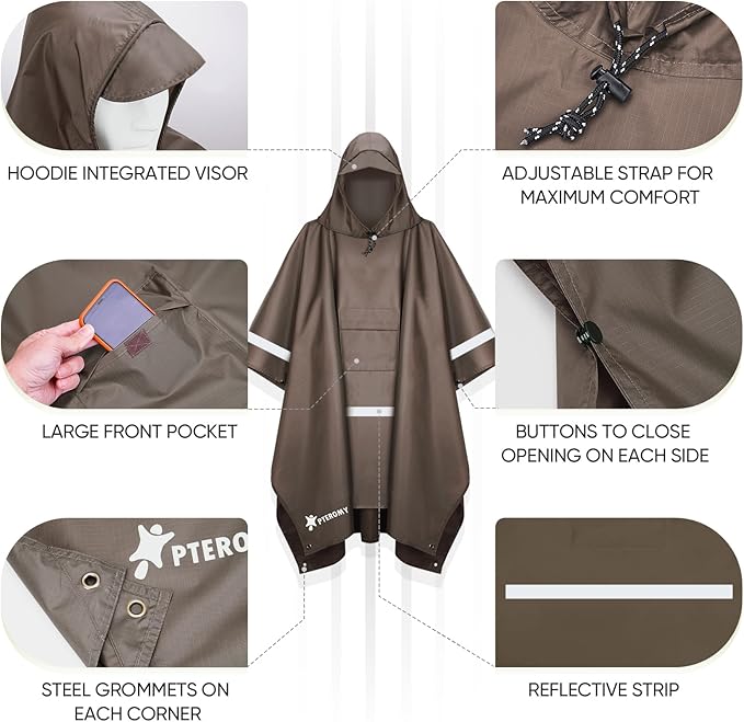 PTEROMY Hooded Rain Poncho for Adult with Pocket, Waterproof Lightweight Unisex Raincoat for Hiking Camping Emergency