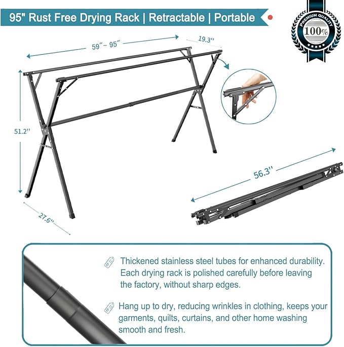 JAUREE 95 Inches Clothes Drying Rack, Drying Rack Clothing Folding Indoor Outdoor, Heavy Duty Stainless Steel Laundry Drying Rack, Foldable Portable Clothes Rack Garment Rack with 20 Hooks Black