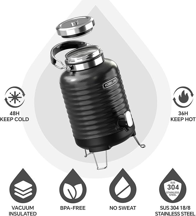 IDEUS Insulated Beverage Dispenser 5.2L, All-in-one for Camping Vacuum Double-Wall Stainless Steel Water Cooler Coffee Carafe Jug Leakproof Drink Container with Handle, Spigot & Stand (Black)