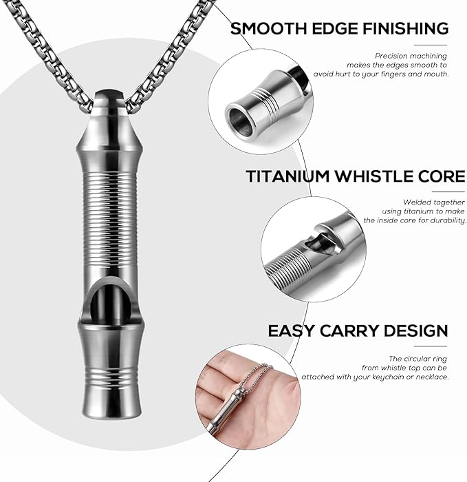 TISUR Titanium Emergency Whistle,EDC Safety Whistles Necklace Loud up to 120db,Survival Whistles for Survival,Hiking,Camping,Pets Training