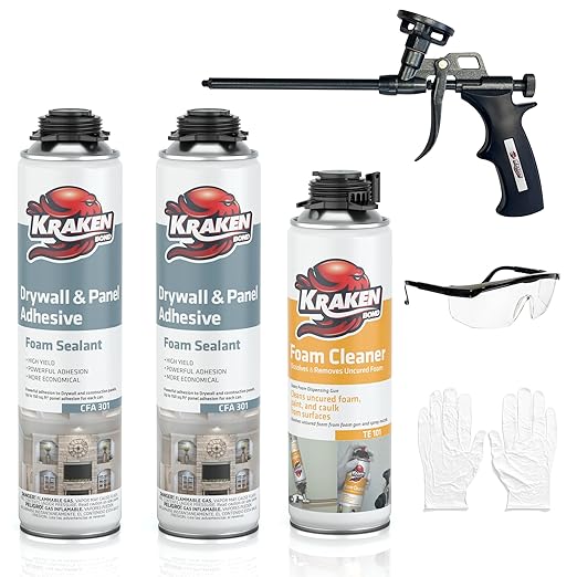 KRAKEN BOND Drywall & Panel Adhesive Foam - (2x24oz) Heavy-Duty, Fast-Curing Construction Adhesive for Concrete, Wood, and Heat Insulation Applications - Gun&Gun Cleaner Set