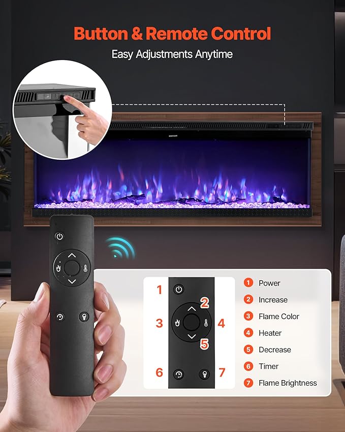 VEVOR 50 inch Electric Fireplace, Three-Sided Glass Wall Mounted Recessed Fire Place with Remote Control, Timer, 1500W, Adjustable Flame Color Brightness,Overheat Protection, for Living Room,Bedroom