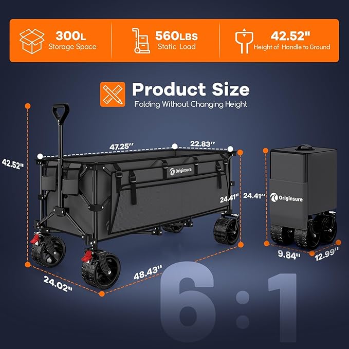 48" L Collapsible Wagon Cart Foldable, 560LB Weight Capacity 300L Heavy Duty Folding Beach Wagons with Big All-Terrain Wheels, Utility Carts for Groceries, Shopping, Camping, Sports - Grey