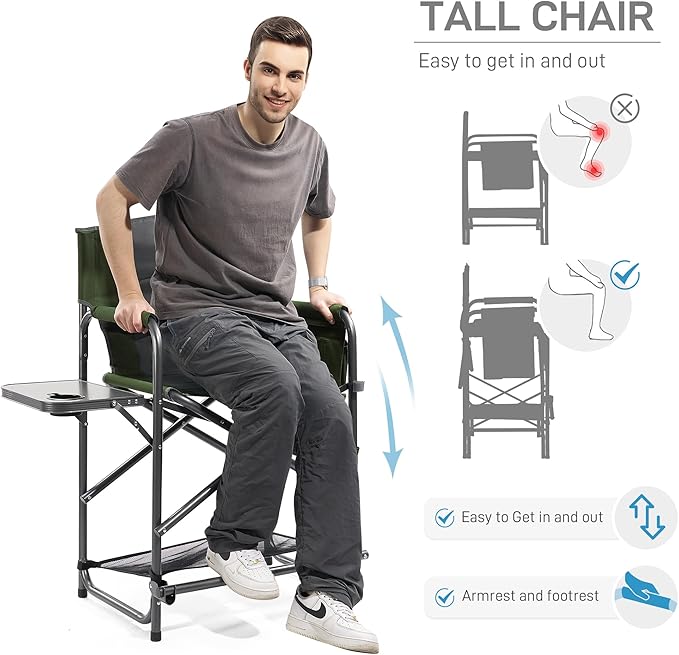 EVER ADVANCED Medium Tall Directors Chair Foldable Makeup Artist Chair Bar Height with Side Table Cup Holder and Pocket Footrest, Supports 400LBS (Green, Seat Height: 23.2 inches)