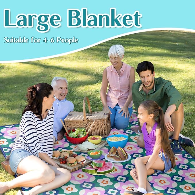 Block Floral Picnic Blankets Waterproof Foldable, 60″X80″Boho Thick Picnic Mat Outdoor Blanket for Grass,Cute Beach Blanket Sandproof Picnic Accessories for Camping Picnic Party Park Hiking