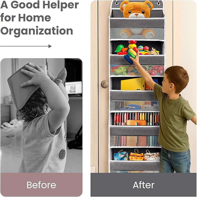 Over The Door Organizer with 8 Side Mesh Pockets, 44lb Weight Capacity Hanging Behind The Door Bathroom Organizers and Storage Suitable for Storing Toys, Shoes, Towels, Dark Grey, 5 Shelf