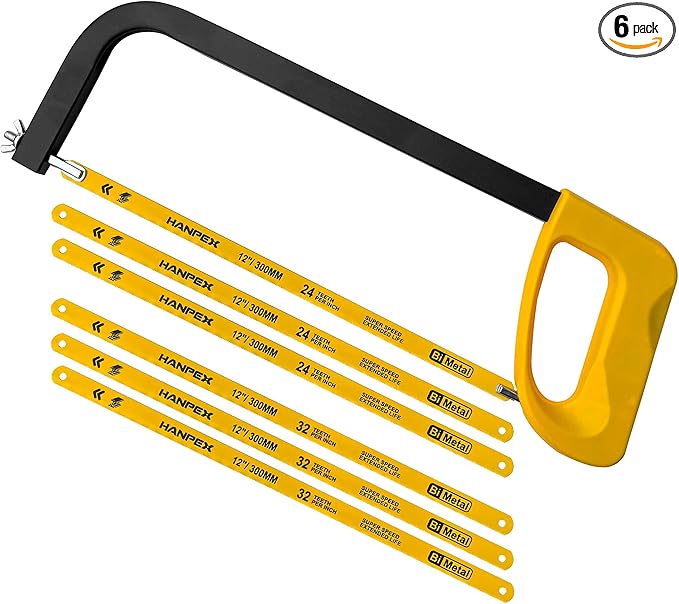12in. High-Tension Hacksaw Frame with 5pcs Extra Bi-metal Blades, Hand Saw Suitable for Metal, wood, PVC, Carpentry