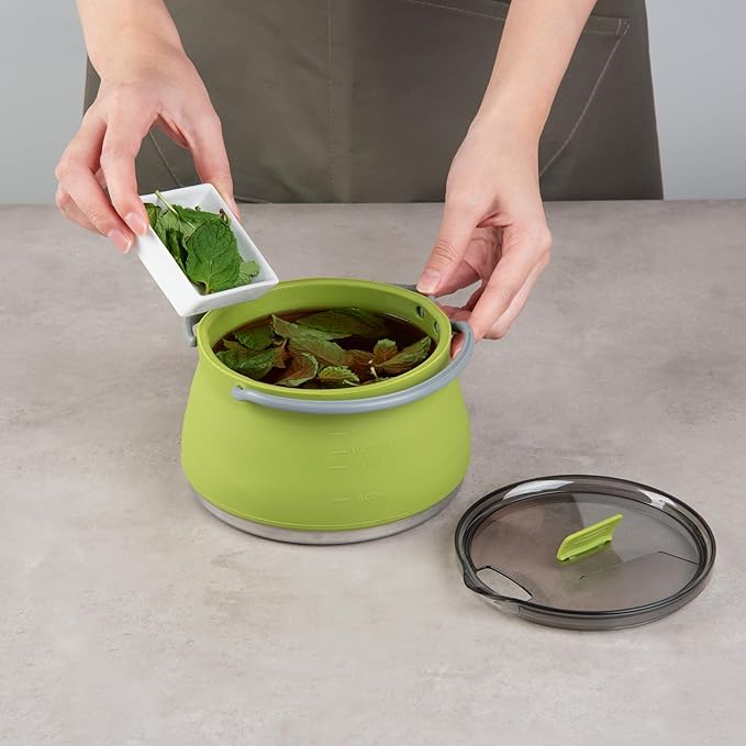 Restaurantware-Hi Tek 1 Liter Collapsible Camping Kettle, 1 Portable Cook Pot - With Perforated Lid, Stainless Steel Bottom, Silicone Camping Coffee Pot, With High Heat Nylon Handles, For Travel