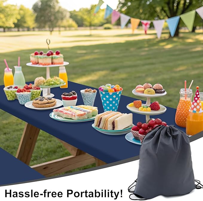 Smiry Picnic Table Cover with Bench Covers, Waterproof Elastic Fitted Polyester Tablecloths for 6 Ft Rectangle Tables, Washable Windproof Tablecloth for Camping, RV & Outdoor (Navy, 30x72 Inches)