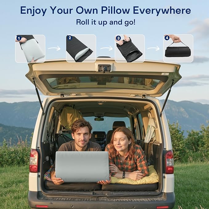 Camping Pillows for Sleeping - Memory Foam Travel Pillow 2 Heights Use - Small Travel Pillow for Camping, Hiking, Backpacking with Storage Bag (Grey)