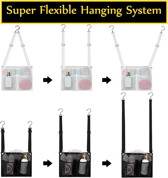 ALYER Mesh Shower Caddy, Bath Organizer with Adjustable Hanging Straps, Multipurpose Storage Bag for College,Camp,RV, Travel and Gym (White)