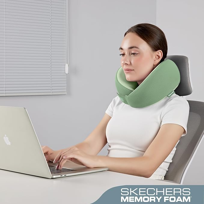 Skechers Memory Foam Neck Pillow, Comfortable & Breathable Travel Pillow,Neck Pillow Airplane for Travel, Car Rides, Home, and Office Use, Ergonomic Design for Men and Women,Green