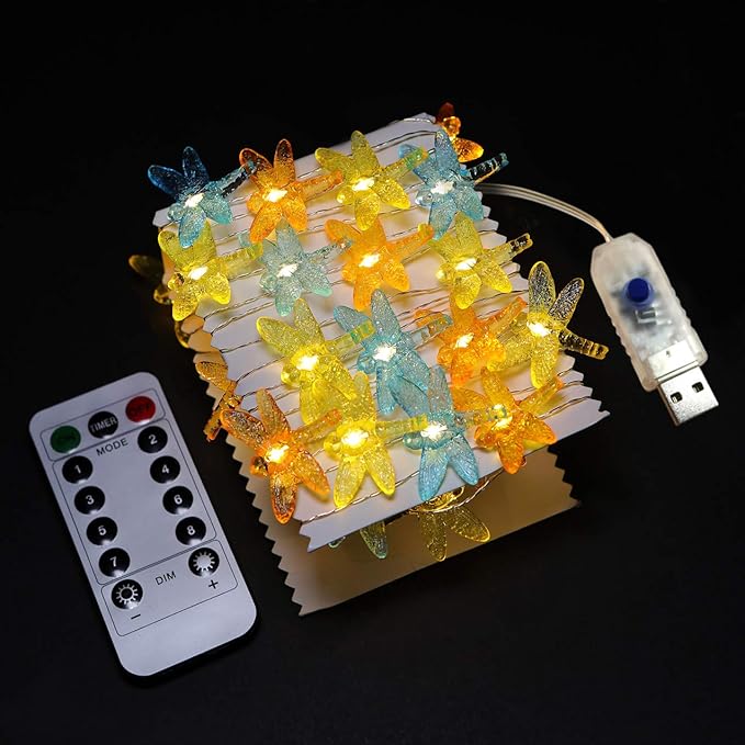 Dragonfly Decorative String Lights, 18.7 Ft 40 LED USB Plug-in Copper Wire Dragonfly Fairy Lights for Various Decoration Projects (Warm White, Remote Control with Timer)