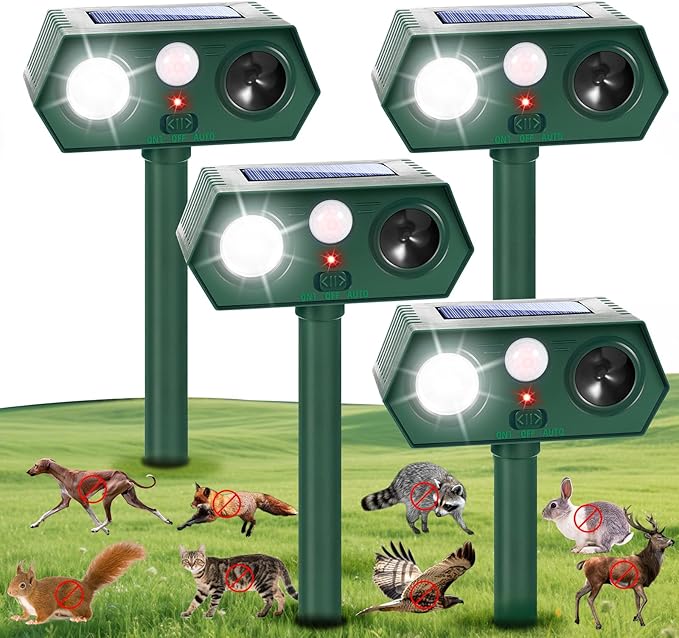 2025 Solar Ultrasonic Animal Repellent Sonic Fortress Pro Deer Repellent Raccoon Repeller Rabbit Squirrel Deterrent with Flash Light Motion Sensor to Keep Dog Cat Fox Skunk Out of Garden Yard(4Pack)