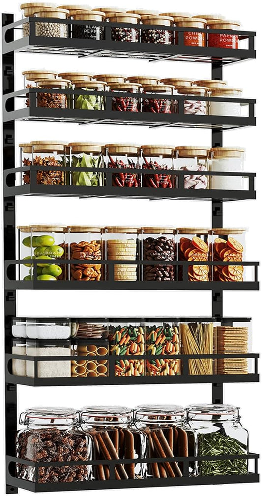 X-cosrack 6-Tier Wall-Mounted Spice Rack Organizer with Mixed Basket Sizes, Height-Adjustable Hanging Spice Shelf for Kitchen Pantry Cabinet, Large-Capacity Seasoning Holder, Black