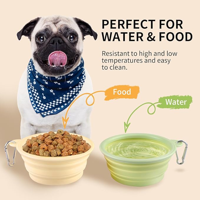 Collapsible Dog Bowls 2-Pack, Portable Travel Dog Bowl with Carabiner, Food-Grade Silicone Pet Bowl for Hiking, Walking(Macaron Yellow and Green)