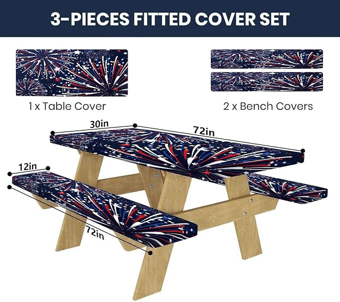 CAPSCEOLL Picnic Table Cover with Bench Covers 4Th of July Waterproof Camping Tablecloth All-Weather Outdoor Table Protector with Drawstring Bag for Camping Essentials, 72X30in, Fireworks
