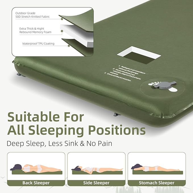 Memory Sleeping Pad, 3.1" Ultra-Thick Foam Sleeping Mats for Camping, Easy Inflate&Deflate,9.5 R-Value Insulated Camping Mattress Pad with Pillow, for Car Travel Tent