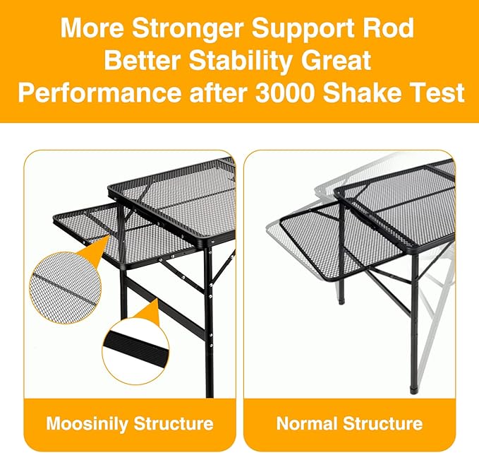 Grill Table Folding Table with 2 Wing Panels 3FT+1.4 FT with Mesh Desktop 2 Height Adjustable Portable Grill for Outdoor Indoor Beach BBQ Picnic Travel RV Black