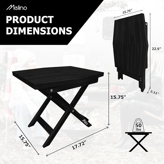 Melino Wooden Folding Table - Black Acacia Wooden Small Foldable End Coffee Tables - FSC Certified Solid Wood Patio Side Table - Weather Resistant & Fully Assembled - Indoor and Outdoor Furniture