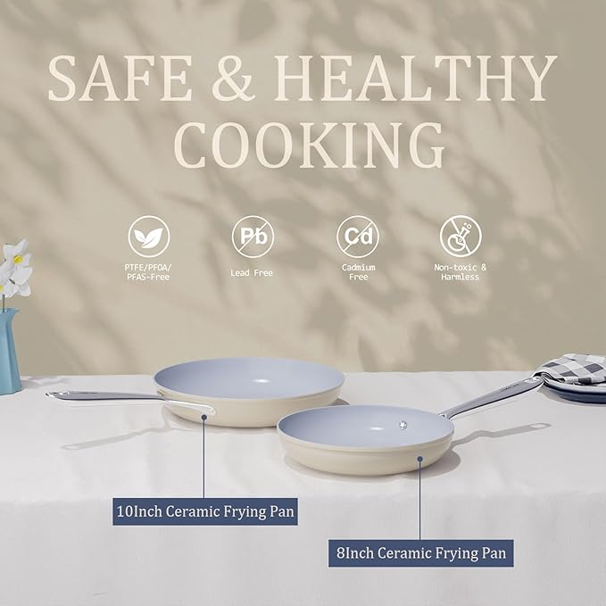 Nonstick Ceramic Frying Pan 10 Inch for Induction Cooktop - Non Toxic, PTFE/PFOA/PFAS Free, Oven & Dishwasher Safe up to 500°F - Non Stick Small Skillet with Stay-Cool Handle - Cream