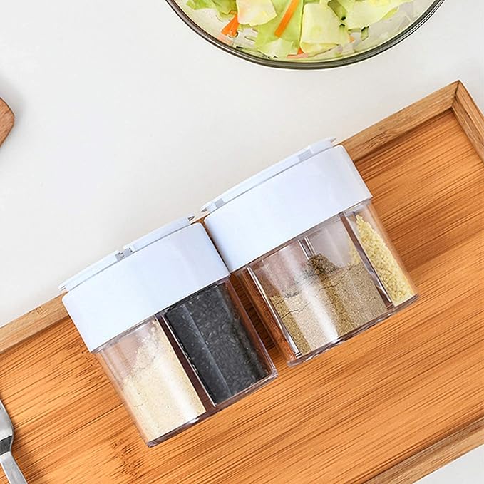 4-Pack 4 in 1 Salt and Pepper Shaker Jars Bottles, 4-Grid Flip Lid Spice Jars - Cylindrical Empty Plastic Seasoning Containers with Transparent Body for Travel Camping BBQ Kitchen Cooking (White)