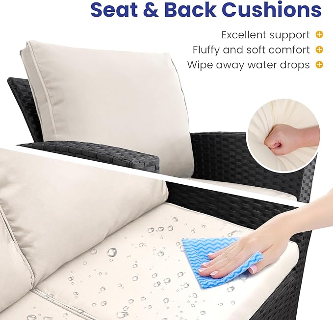 5 Piece Patio Furniture Set with 43" Propane Fire Pit Table, Outdoor Wicker Conversation Set, Rattan Modern Sectional Sofa Couch with Coffee Table for Backyard Porch Garden Poolside, Black-Beige