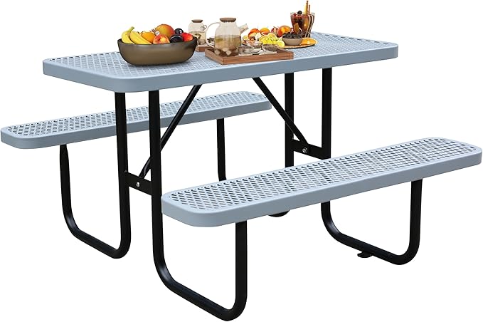 4FT Metal Picnic Tables for Outdoors, Commercial Rectangular Picnic Table and Bench Set for Outside, Patio, Garden, Backyard, Porch, Surface Mount, Grey