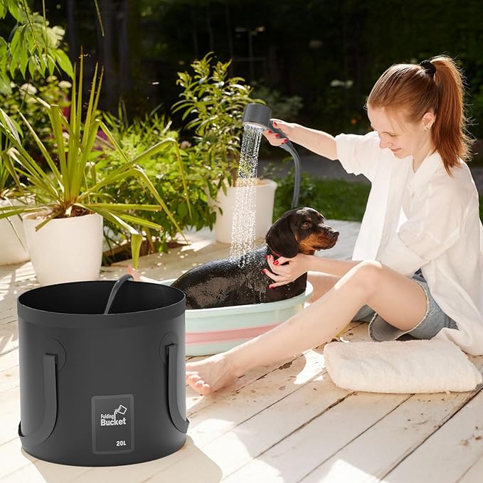 GOSCHE Portable Camping Shower, 8000mAh Rechargeable Outdoor Shower Pump with 20L Collapsible Bucket, Intelligent LED Display, IPX8 Waterproof Pump for RV, Travel, Hiking, Pet Bath, Beach