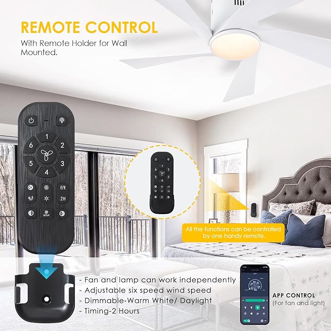 36" Flush Mount Ceiling Fan - White Low Profile Ceiling Fans with Lights and Remote/APP, 6 Speeds and Reversible 5 Fan Blades, Indoor Modern Ceiling Fan LED Light for Bedroom, Small Spaces