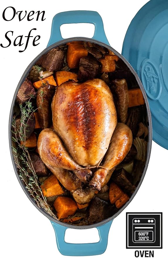 La Cuisine Enameled Cast Iron Oval Dutch Oven Casserole Pot with Lid 5 QT Internal Matte Black Enamel for bread baking, 2-ton Teal Enamel Coating Finish Exterior,Oven Safe up to 500° F