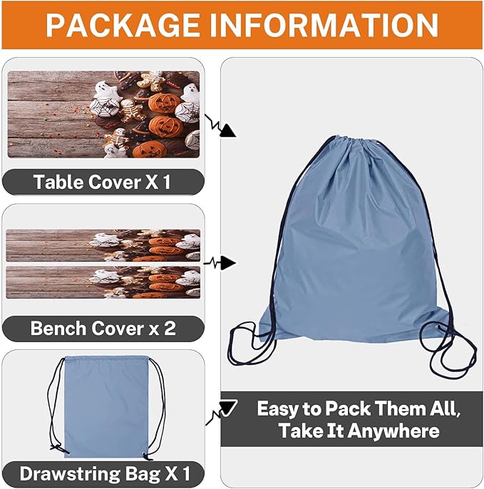 Picnic Table Cover with Bench Covers Elastic Edges, Halloween Skeleton Fitted Table Cover, Outdoor Camping Essentials 72 Inch 3PCS, Waterproof Camping Fitted Tablecloth with Drawstring Bag