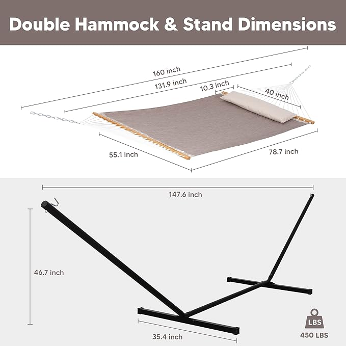 SUNCREAT Portable Hammock with Stand Included, Stand Alone Backyard Hammock for 2 Person, 450 lbs Capacity, Brown