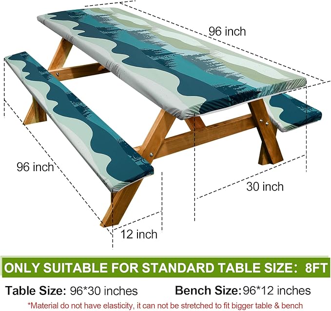 Picnic Table Cover with Bench Covers Camping Essentials Waterproof Windproof Camping Tablecloth with Drawstring Bag, Fitted Rectangle Tables and Seats, 96in, Green Blue