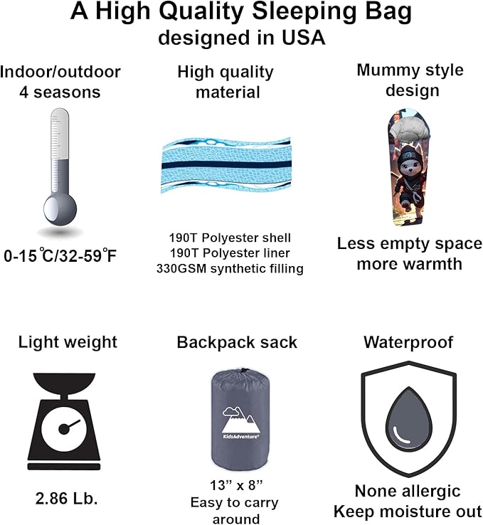 Mummy Style 32 – 59F Kids Sleeping Bag with Pillow Sleeve, Full Scale Digital Printing Unicorn, Mermaid, Kitty or Puppy, Lightweight, Ideal for Camping, Sleepover, Boys, Girls, Youth and Toddlers