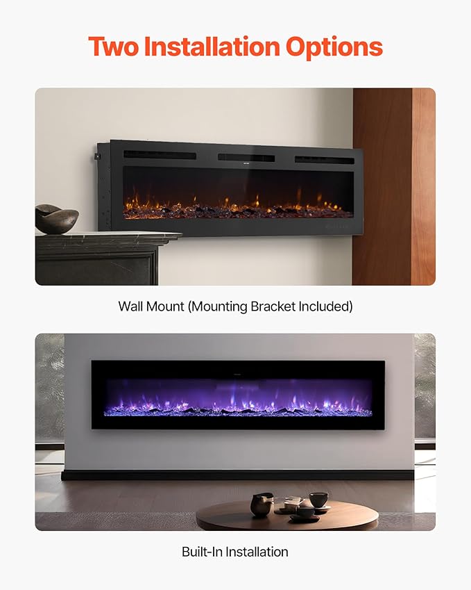 VEVOR 72 inch Electric Fireplace, Wall Mounted Recessed Fire Place with Remote Control, Timer, 1500W, Adjustable Flame Color Brightness, Touch Screen, Overheat Protection, for Living Room,Bedroom