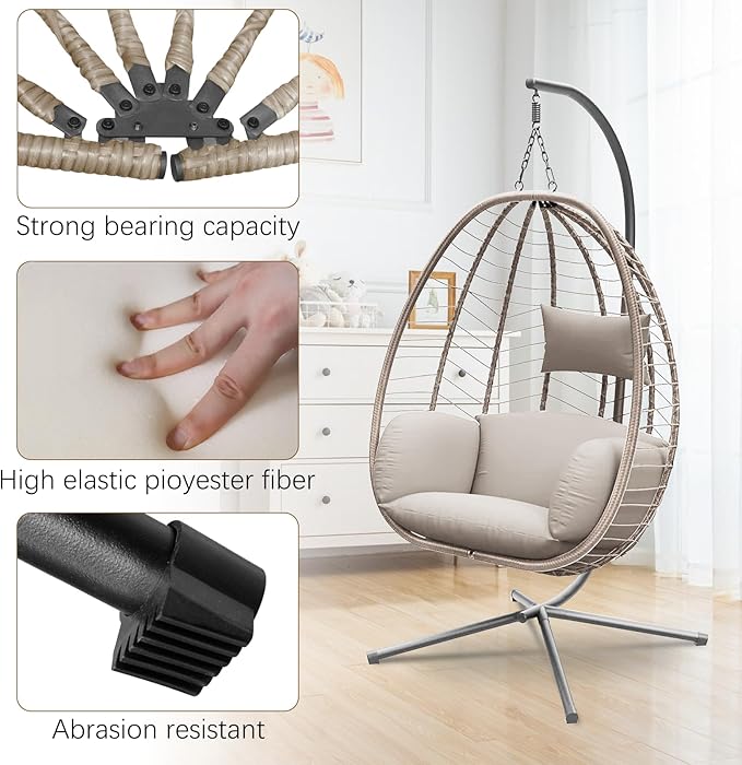 Hanging Egg Chair with Stand, Outdoor Indoor Egg Swing Chair with Cushion Headrest for Patio, Porch, Balcony, Bedroom, 350LBS Capacity (Brown)