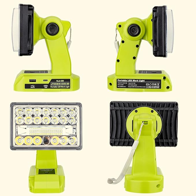 28W 2000LM Cordless LED Work Light for Ryobi One 18V Battery Portable Flood Lights for Outdoor Indoor Workshop Job Site, Floodlight & Spotlight Modes/Pivoting Head/USB Port(No Battery)