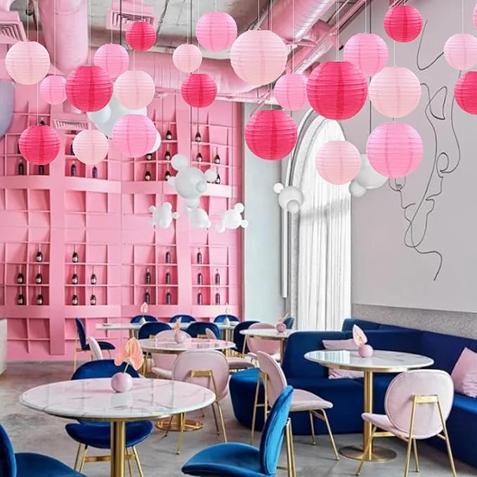 12 Pcs Pink Party Paper Lanterns Romantic Decorations Rose Red and Pink Round Chinese Paper Lanterns for Wedding Birthday Party Valentines Day Engagement Baby Showers Decoration