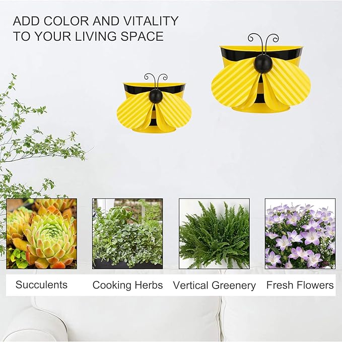 BAYN Set of 2 Bee Wall Hanging Planter Decor Art, Metal Wall Mounted Planters Garden Yard Decorative Flower Pot Indoor Outdoor Wall Planter Succulent Plant Container