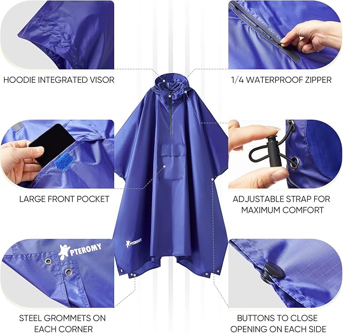 PTEROMY Hooded Rain Poncho for Adult with Pocket, Waterproof Lightweight Unisex Raincoat for Hiking Camping Emergency