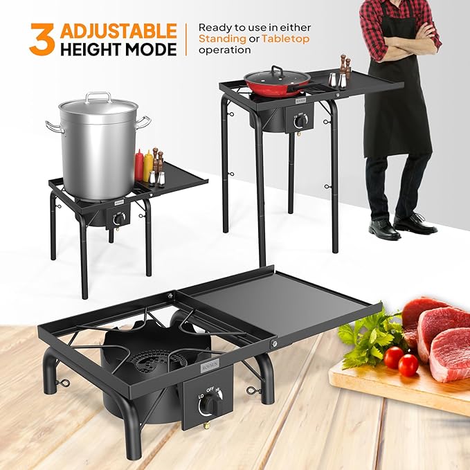 ROVSUN Single Burner Gas Stove with Side Shelf, 100,000BTU Portable Propane Stove with Removable Leg & Regulator for Camping Home Backyard Outdoor Cooking Brewing Canning Turkey Frying