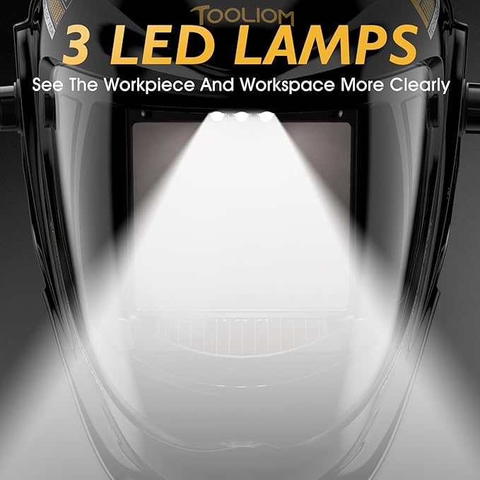 TOOLIOM Auto Darkening Welding Helmet with Light 1/1/1/1 Large Viewing 4.31" x 3.81" True Color Welding Mask Shade 4/5-9/9-13 Solar/Rechargeable Battery Powered Welder Hood for TIG MIG Stick CUT Grind