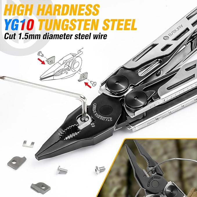 BIBURY Multitool Pliers Pro BI2045, Stainless Steel 31-in-1 Multi Tool Pliers with Replaceable Wire Cutters and Saw,Foldable Multitools with Scissors and Screwdriver, Ideal for Camping,Survival,Repair