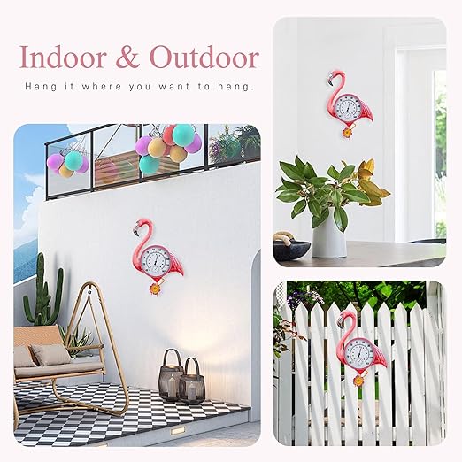 Large Outdoor Thermometer, Flamingo Wall Thermometer Hygrometer No Need Battery, Retro Sun Outside Thermometer Decoratibve for Backyard, Garden, Living Room