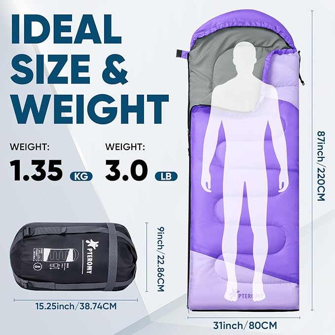 PTEROMY Sleeping Bags for Adults, Lightweight Water Resistant Backpacking Camping Sleeping Bag for Warm Cold Weather, Camping Essentials for Hiking Outdoor Travel