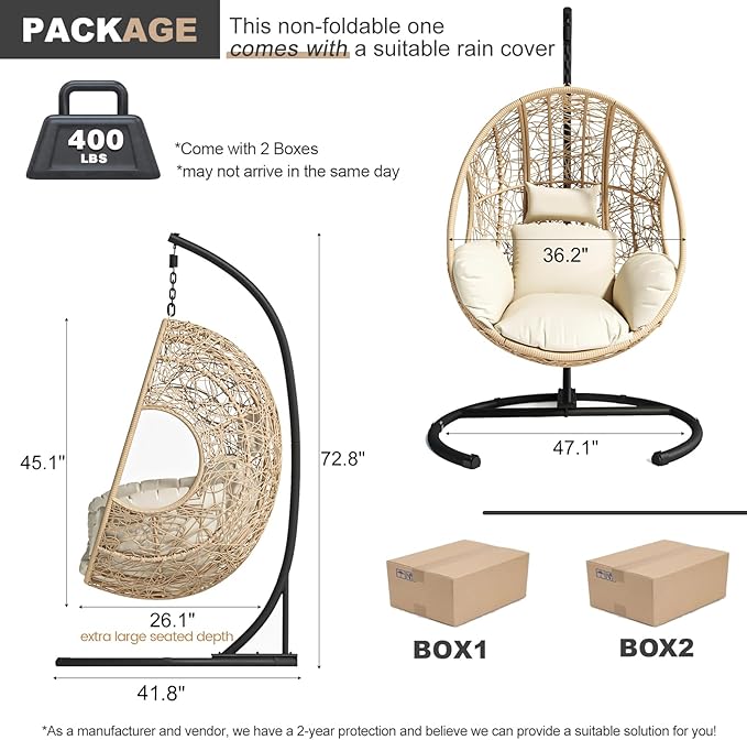 Oversized Hanging Egg Chair Outdoor Wicker Swing Chair with Stand Rain Cover UV Resistant Cushion 400lbs Capacity for Patio, Garden and Balcony
