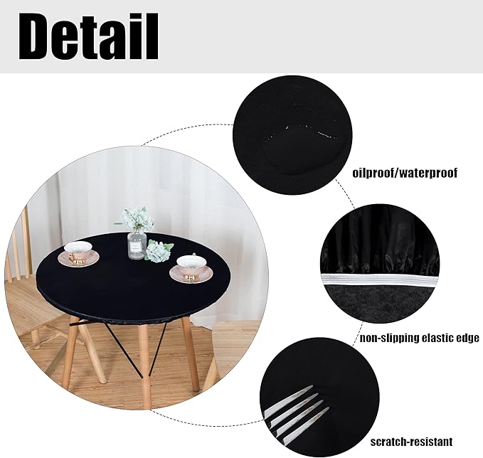 LUSHVIDA Round Waterproof Table Cover Elastic Vinyl Fitted Tablecloth Elastic Edged Plastic Table Cloth (Black, Best for Up to 45"-56" Round)
