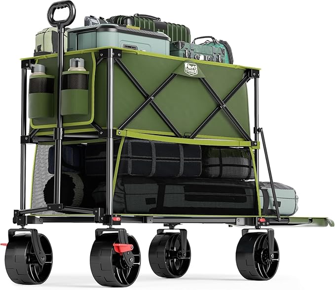 TIMBER RIDGE 400L Large Capacity Folding Double Decker Wagon with Brakes, 54" Extra Long Extender Wagon Cart, 450lbs Heavy Duty Collapsible Cart, All-Terrain Big Wheels for Camping, Sports, Shopping